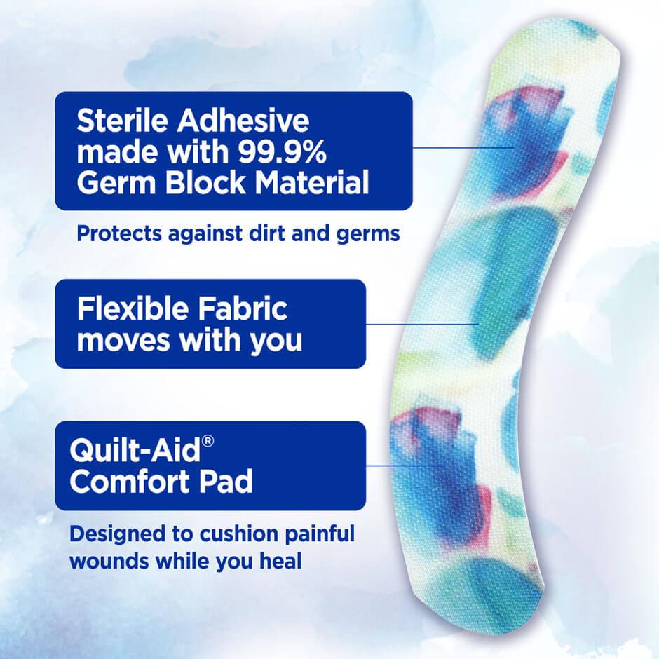 These bandages are made with a sterile adhesive, flexible fabric, and a quilt-aid comfort pad