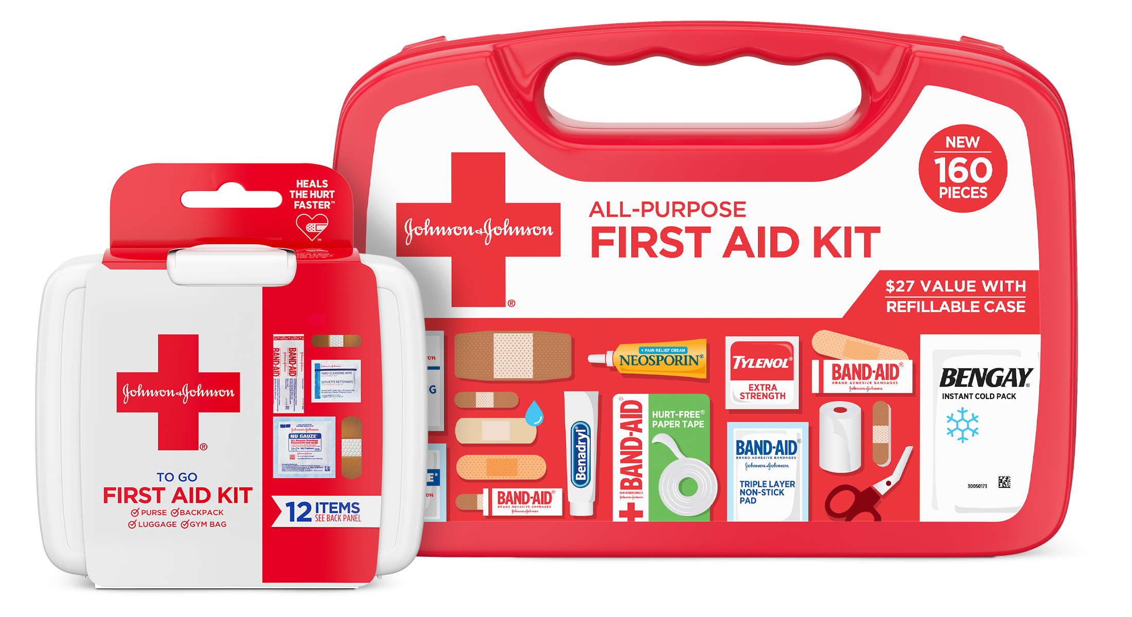Large and Small Johnson &amp; Johnson First Aid Kit Product Packaging.