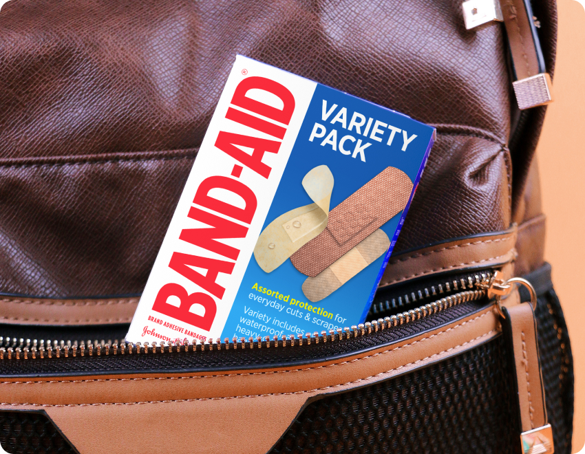BAND-AID® Brand variety pack product in backpack